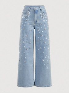 <span class=keywords><strong>Jean</strong></span> en denim décontracté pour femme Huangqiu de haute qualité, orné de perles, coupe ample, jambe large, taille haute, teinte bleue - Product Image 2