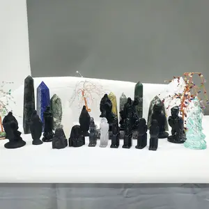 Grosir Patung 80Mm Obsidian Hitam Alami Pelangi Fluorit Dipoles Seni Patung Guanyin Buddha Kristus Kristal Patung