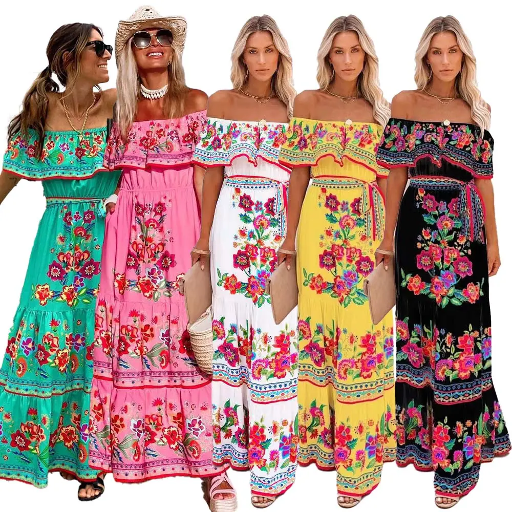 मैक्सिकन पारंपरिक जातीय मैक्सिकन सिन्को डी मेयो ग्रीष्मकालीन पुष्प प्रिंट ऑफ शोल्डर महिला मैक्सिकन ड्रेस MTWM-002