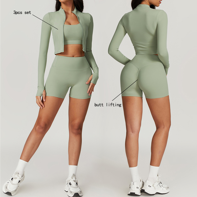 AOLA Customizable Sports Apparel 3PCS Women's Yoga Set Breathable Lightweight Workout Clothes With Elastic Waist Shorts