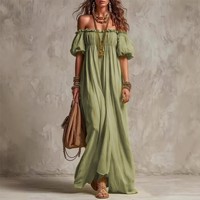 Robe longue décontractée et élégante pour femme BYJ707, tendance été, épaules dénudées, manches bouffantes, coupe ample, style streetwear et plage