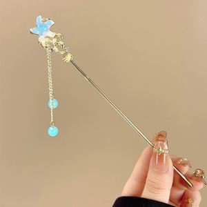 Romantic Blue <b>Crystal</b> Starfish <b>Moon</b> Hair Stick for Women New Chinese Style Butterfly Flower Long Tassel Hairpin Hair Accessories - Product Image 4