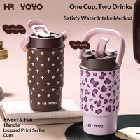 Tasse à café isotherme portable élégante en acier inoxydable 316L à double usage, motif léopard, avec poignée, anti-fuite, pour femme