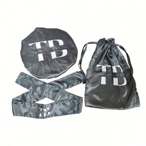 Bonnet de nuit personnalisable, bandeau, sac de rangement à cordon, logo personnalisé, bonnets noirs et colorés, et foulard en satin pour femmes - Product Image 1