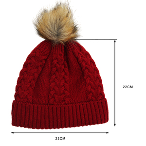 Mùa Đông Ấm Áp Cô Gái Stretchy Tết Cáp Cuff Dệt Kim <span class=keywords><strong>Hat</strong></span> Với Faux Fur Pom Pom - Product Image 2