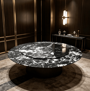 โต๊ะอาหารหินธรรมชาติสีดำขาวทรงกลม พร้อมถาดหมุนแบบ Lazy Susan โต๊ะอาหารวิลล่าหรูหราทันสมัย 8 ที่นั่ง เฟอร์นิเจอร์บ้าน - Product Image 3
