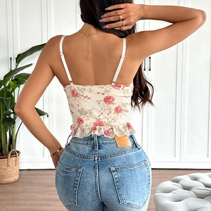 2026 OEM 2025 Summer Fresh Sweet Floral Print French Style Underwire <b>Cross</b> Back Ties Slim Fit Sexy Cami Corset <b>Top</b> - Product Image 5
