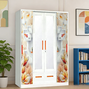 Sturdy Durable Modern 4-Door Steel Printed Lockable <strong>Wardrobe</strong> <strong>with</strong> 2 <strong>Mirrors</strong> 2 Drawers Hanging Rail for Bedroom Organization - Product Image 5