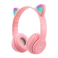 Headphone Nirkabel Telinga Kucing Bercahaya LED, Earbud LED untuk Perempuan dan Perempuan