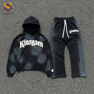 Custom Men's Streetwear Acid Washed <b>French</b> Terry Tracksuit <b>Vintage</b> Applique Embroidery Sweatpants and Heavyweight Hoodie Set - Product Image 1