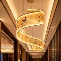 Lustre de plafond LED à ruban personnalisé réglable en hauteur, style peinture à l'encre chinoise, éclairage décoratif à bande douce pour restaurants et halls d'hôtel