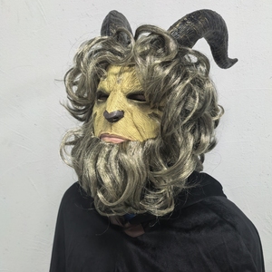 Masque intégral en latex <span class=keywords><strong>de</strong></span> créature féroce, thème amusant et original, peau jaunâtre, cornes foncées, cheveux bouclés, barbe texturée réaliste, doux - Product Image 2