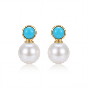 Pendientes de Perlas Blancas Turquesa con Baño de Oro de 18K y Cobre para Mujer, Joyería Boho con Bisel Redondo y Perlas Colgantes, Regalo - Product Image 1