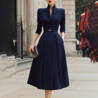 Nouvelle Robe Longue Automne/Hiver 2026 Style Occidental Européen et Américain, Couleur Unie, Col en V, Coupe Cintrée, Coupe Évasée