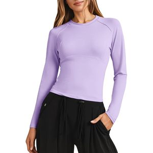 Fisoew Camiseta deportiva de manga larga para mujer, cuello redondo, ajustada, compresión, yoga, camisa deportiva, color morado sólido, poliéster - Product Image 1