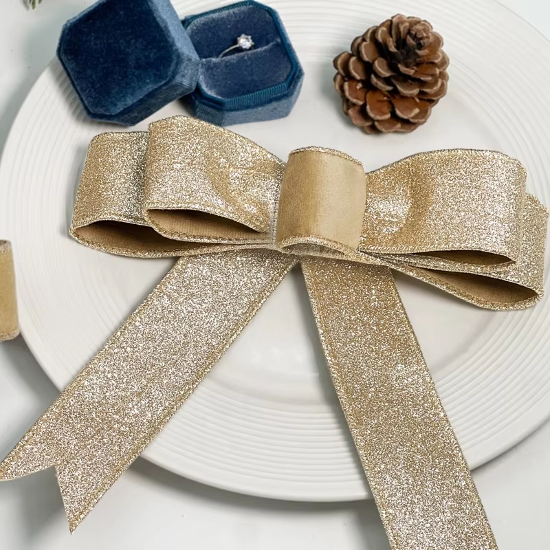 Christmas Tree Wedding Wreath DIY Gift Wrapping Decoration Ribbon Custom Size Glitter Wired Edge Polyester Eco-Friendly Custom