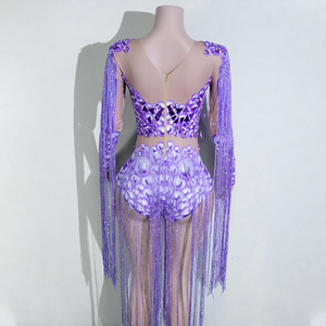 Combinaison sexy violette à imprimé numérique, ornée de strass et de franges en cristal, pour spectacle sur scène, performance de drag queen, chanteuse, diva, <span class=keywords><strong>costume</strong></span> - Product Image 6