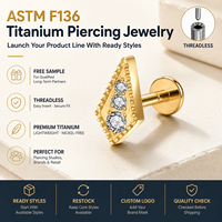 JiaXin ASTM-F136 G23 Titanio Push Pin Sin Rosca para Labret, Medusa, Forward Helix, Lobe, Flor, Circonita Cúbica, Joyería Corporal 16G