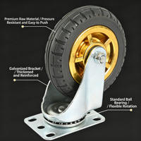 Roue pivotante en caoutchouc de 4 pouces, type plat, avec roulement à billes, sans frein, plaque de base de 95×65 mm, support galvanisé, durable pour l'entreposage