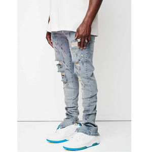 Pantalones Ajustados de <span class=keywords><strong>Tela</strong></span> para Hombre, Estilo Hip Hop, Pantalones de Moda Urbana Y2k, Lavado Claro Personalizado, Diseño Desgastado y Roto - Product Image 2