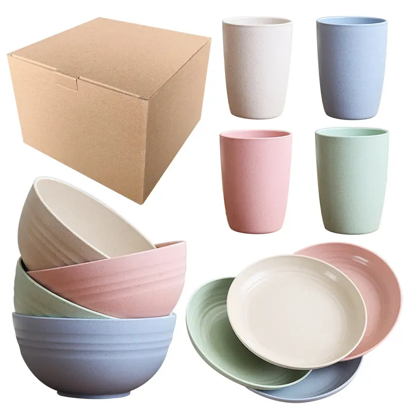 Op Maat Gemaakte Hete Verkoop Tarwestro Milieuvriendelijk Servies Water Cup Grote Kom Plaat 12 Stuk Creatief Servies Set