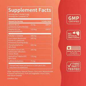 SuperFocus Fruit Punch Nutrizione Sportiva 20 Bustine Monodose Miscela Nootropica per Bevande Concentratrici Magnesio Criniera di Leone Rodiola Senza Zucchero - Product Image 4