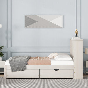 FCJ moderno doppio formato struttura del letto colore bianco lavato con luci LED porta USB incorporato testiera libreria 2 cassetti-letto di stoccaggio