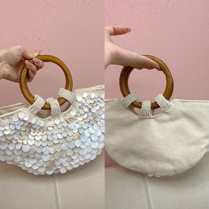 Luxo Puramente Handmade Shell Handbag Ins Tecido Saco Shell Bordado Tote Bucket <span class=keywords><strong>Bag</strong></span> <span class=keywords><strong>Round</strong></span> Wooden Handle Evening Clutch <span class=keywords><strong>Bag</strong></span> - Product Image 6