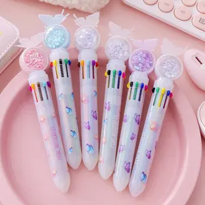 Stylo à bille de dessin animé 10 couleurs, cadeaux d'étudiants coréens créatifs stylo à paillettes avec décoration de papillon