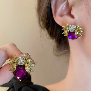 Bijoux fantaisie <span class=keywords><strong>vintage</strong></span> métal violet cristal <span class=keywords><strong>coccinelle</strong></span> boucles d'oreilles rétro violet coréen goujon antique boucles d'oreilles en or - Product Image 1