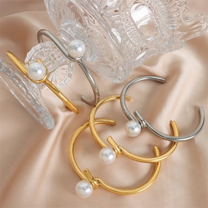 Minimalist Jewelry <b>Gold</b> Plated Stainless Steel <b>Adjustable</b> Pearl Charm Cuff Bangle <b>Bracelet</b> - Product Image 2