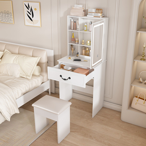 <span class=keywords><strong>Mini</strong></span> coiffeuse moderne avec miroir à lumière LED et rangement caché avec tabouret rembourré de couleur blanche inclus - Product Image 2