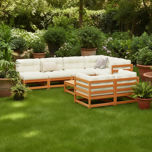 Ensemble de canapés de jardin blanc crème et brun ciré, mobilier d'extérieur contemporain en bois, coussins durables non imperméables - Product Image 2