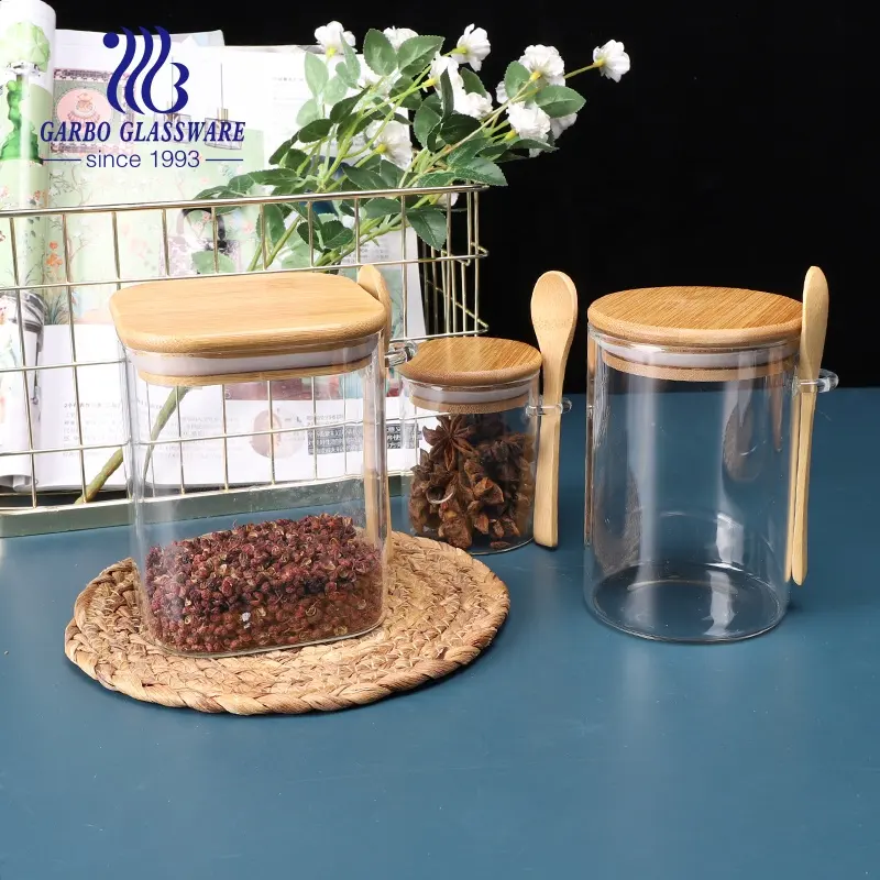 980ml Capacity Hand Blown Borosilicate Glass Storage Jars suitable for Spices Snack Dried Foods with Bamboo Lid and Spoon
