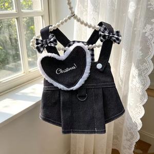 Denim <b>Overalls</b> Pet Dress With Heart Patch And Bowknot For Cats Dogs Princess Style Lightweight Spring Summer Wear - Product Image 3