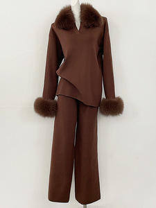 بيع بالجملة أساور بياقة من فرو الثعلب الناعم الفاخر سروال طويل للخريف واسع الساق سترة نسائية 2 طقم - Product Image 6