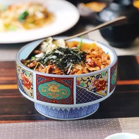 Mangkuk Sajian Keramik Gaya Jepang, Kaki Tinggi, Retro Vintage, Mewah Ringan, Aman untuk Microwave, Desain Bunga, untuk Sajian Daging Sapi, Nasi, Belut, Sashimi