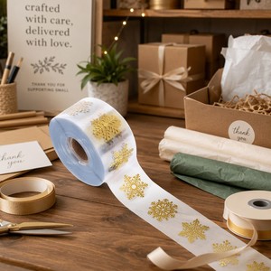 Rollo de Adhesivos Transparentes con Copos de Nieve Dorados para Envolver Regalos de Navidad, Decoración de Tarjetas y Manualidades, Venta al Por Mayor - Product Image 4