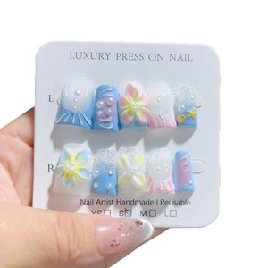 TSZS – Nouveauté été : 10 <span class=keywords><strong>faux</strong></span> ongles faits main en forme de bec de canard, à presser, roses, style French, <span class=keywords><strong>avec</strong></span> motifs floraux 3D sculptés - Product Image 4