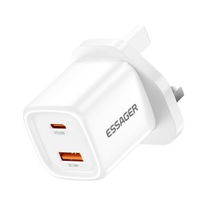 Caricabatterie da Viaggio ESSAGER 20W con Doppia Porta USB-<span class=keywords><strong>A</strong></span> + Type-C PD, Ricarica Rapida, Compatto, Controllo Intelligente della Temperatura - Bianco / Spina UK - Product Image 2