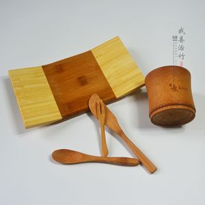 Bamboo Tableware Set With Cup Spoon Knife Fork For Tea And Dessert Reusable Natural Color - Product Image 2