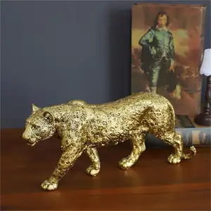 Estátua de leopardo dourado de resina, atacado, moderno, escultura de pantera, animais de decoração de casa de luxo para presente de negócios