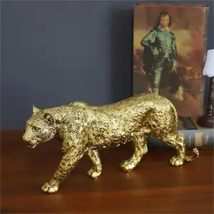 Groothandel Hars Goud Luipaardbeeld Moderne Gevlekte Panter Sculptuur Luxe Huisdier Decoratie Voor Relatiegeschenk