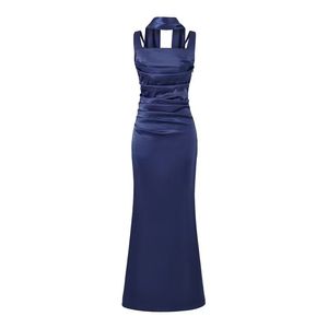 Women's <b>Satin</b> <b>Halter</b> Gown-Ruched Tie-Waist Formal Maxi Dress with a Scarf for Fashion - Product Image 4