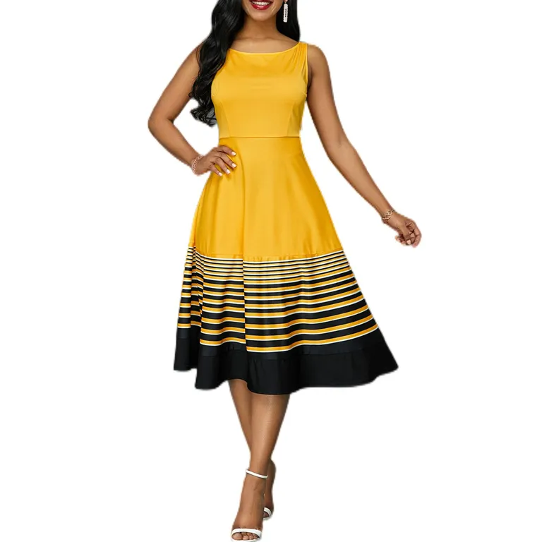 Summer S To 5 XL Round Neck Sleeveless Stripe Hem Waist Slim Casual Plus Sizes Midi Dresses For Women
