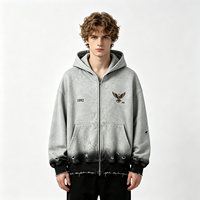 Hoodie Zip Up Heavyweight Pria, Jaket Katun Distressed Bordir Elang Gradasi Sun Faded, Vintage Wash Streetwear Grosir