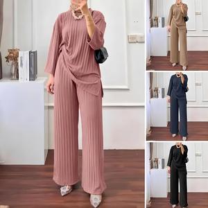 Ensemble HANO pour femmes musulmanes, haut à manches longues et pantalon large, couleur unie, style décontracté arabe turc, ensemble simple 2 pièces - Product Image 3