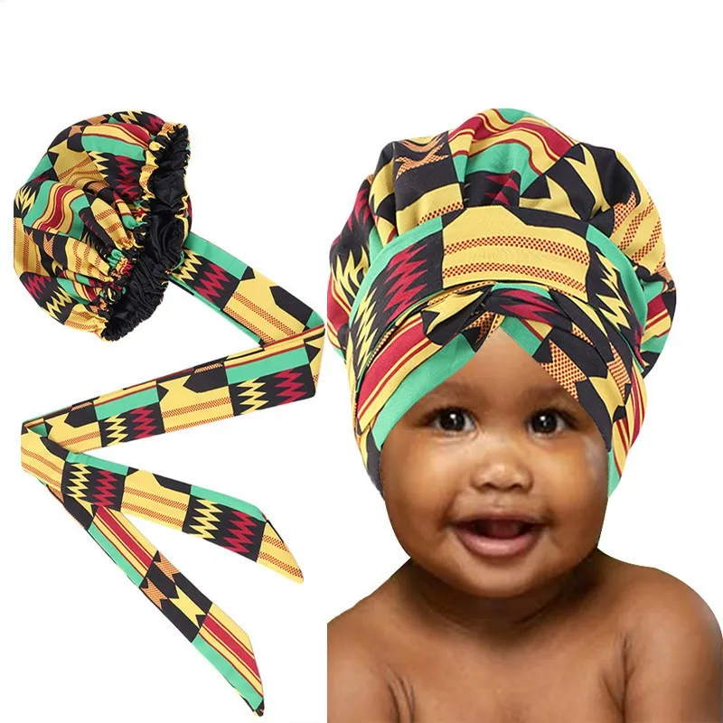 Toptan afrika desen şerit bebek Bonnet Wrap türban çocuklar kaput saten başörtüsü çocuk Bonnets ve saten saç sarar