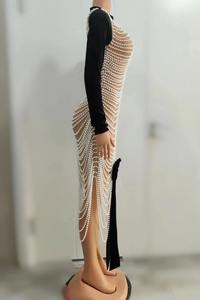 正装黑色羊绒长裙，铅笔剪裁，幻影领口，钻石装饰，高腰线，全袖，适合舞会 - Product Image 3