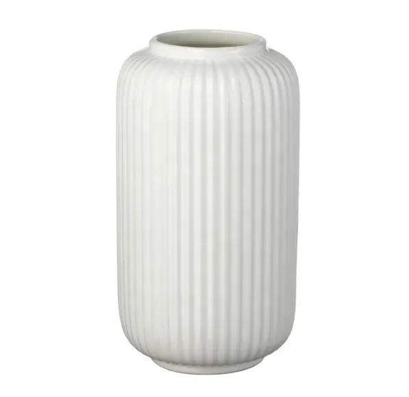 Florero de mesa de cerámica de cilindro alto blanco, florero acanalado de cerámica para decoración, superventas